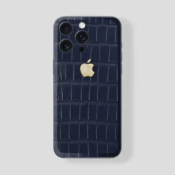 Custom iPhone 15 Pro | Pro Max Titan Blue Alligator Blue Navy Gold Diamonds
