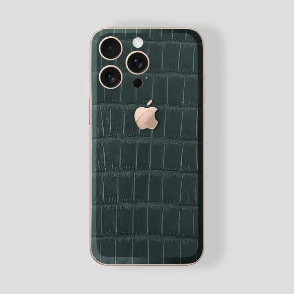 Custom iPhone 16 Rose Gold 24K | Green Emerald Alligator | Rose Gold Logo|Custom iPhones|Gatti Luxury