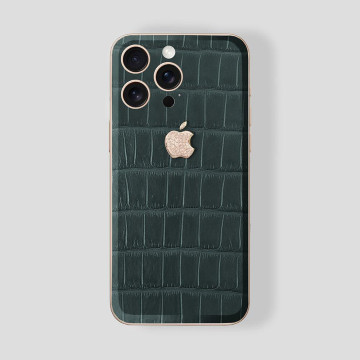 Custom iPhone 16 Rose Gold 24K | Green Emerald Alligator | Diamond Rose Gold Logo