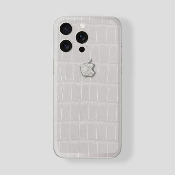 Custom iPhone 16 Pro | Pro Max Titan White Alligator White - White Gold Diamonds